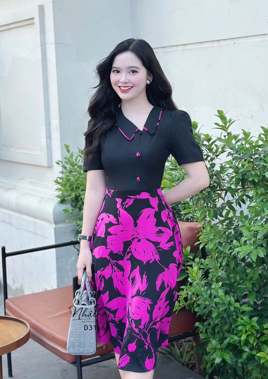 Đầm cổ bèo viền hoa form dáng xoè - D3156