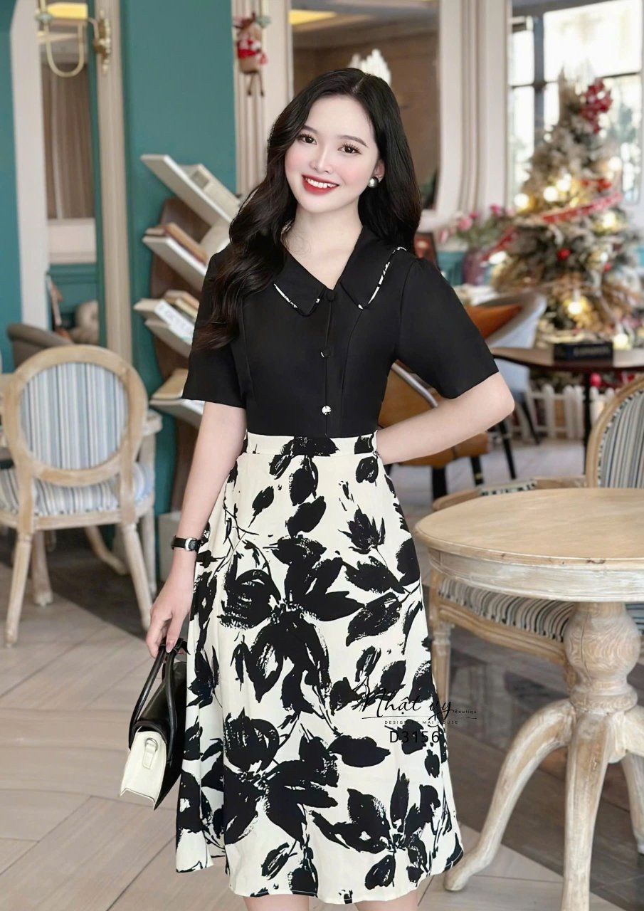 Đầm cổ bèo viền hoa form dáng xoè - D3156