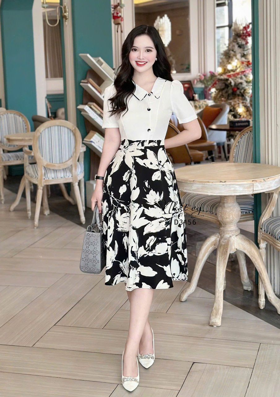 Đầm cổ bèo viền hoa form dáng xoè - D3156