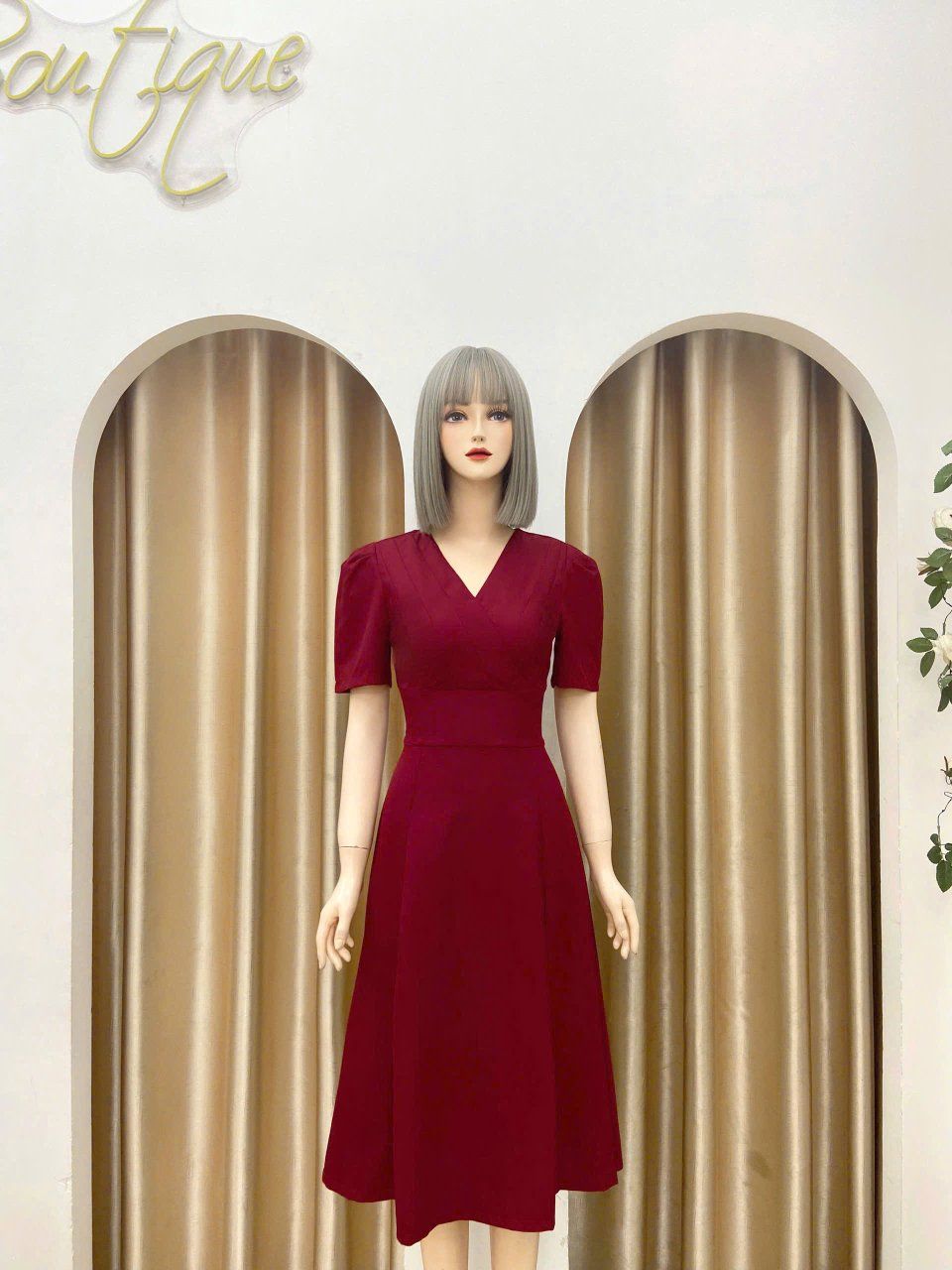 Đầm cổ V xếp ly tay nhún kiểu form dáng xòe - D3169