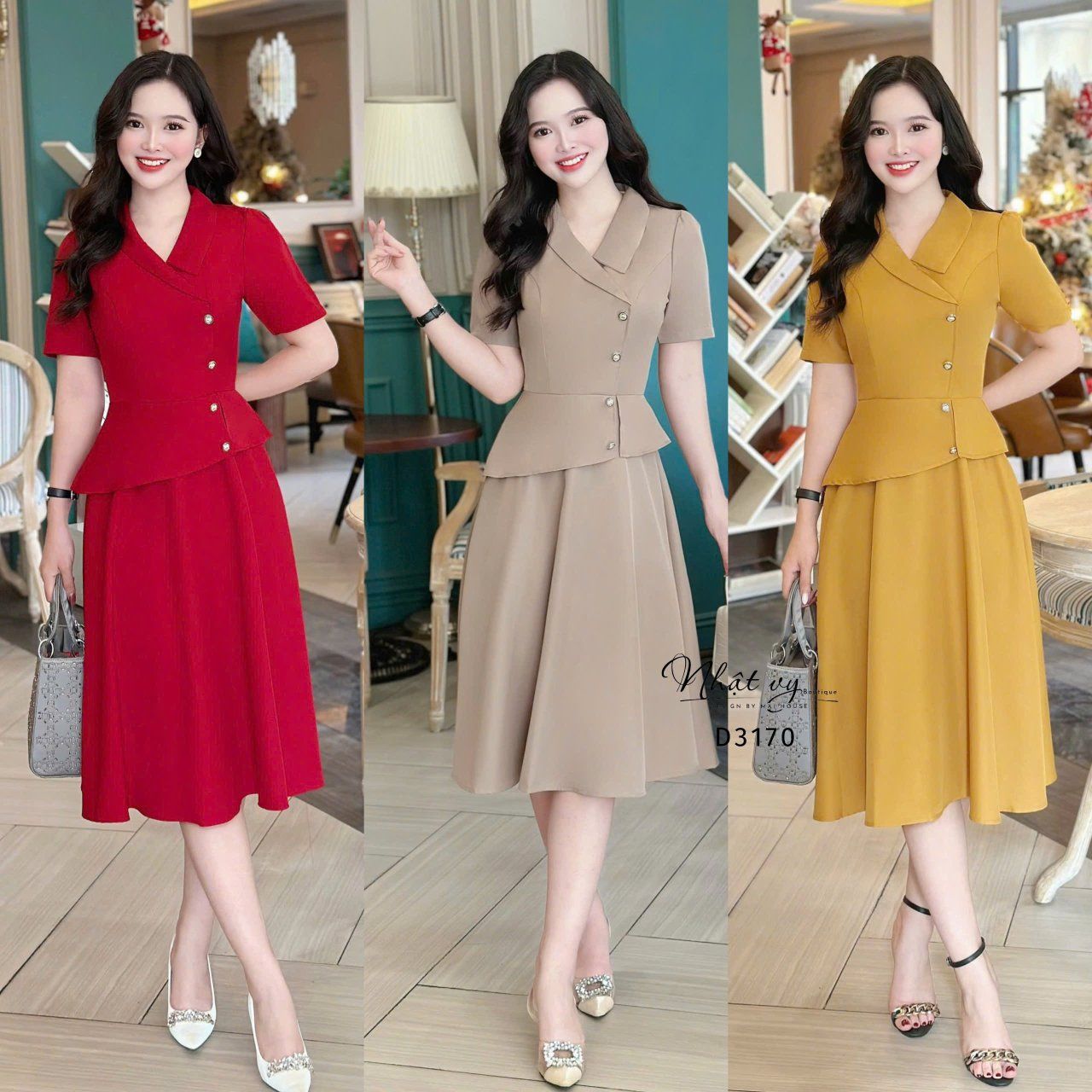 Đầm peplum cổ vest đính nút kiểu form dáng xoè - D3170