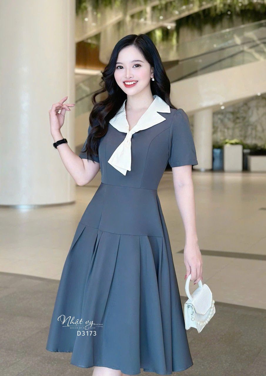 Đầm cổ phối cà vạt form dáng xòe - D3173