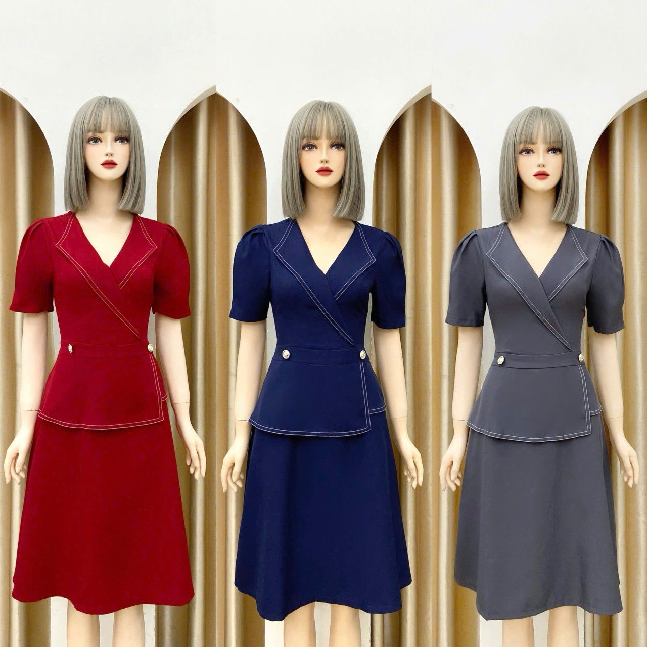 Đầm peplum viền chỉ đính nút kiểu form dáng xoè - D3174