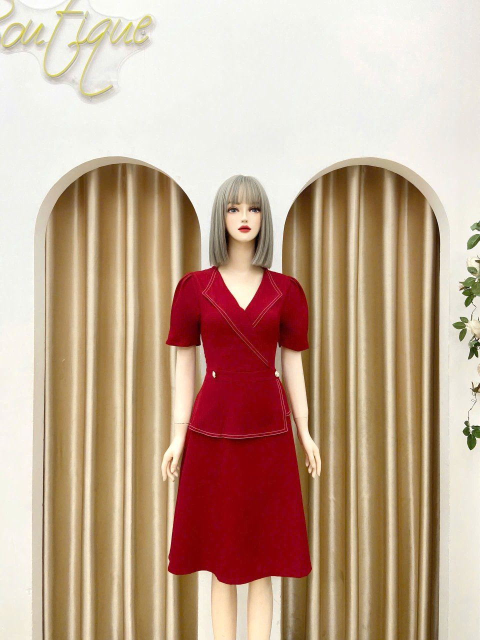 Đầm peplum viền chỉ đính nút kiểu form dáng xoè - D3174