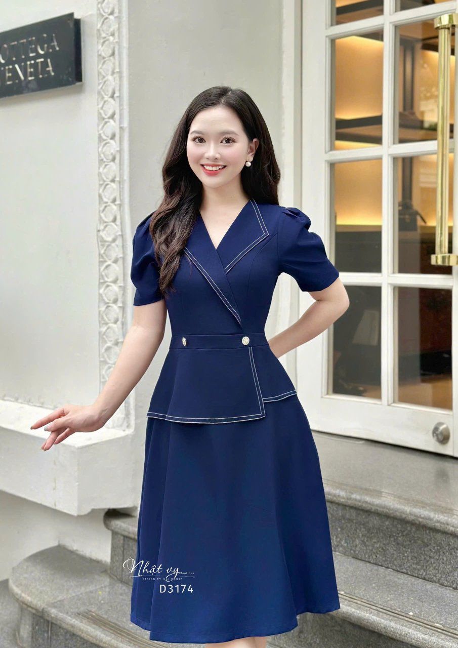 Đầm peplum viền chỉ đính nút kiểu form dáng xoè - D3174