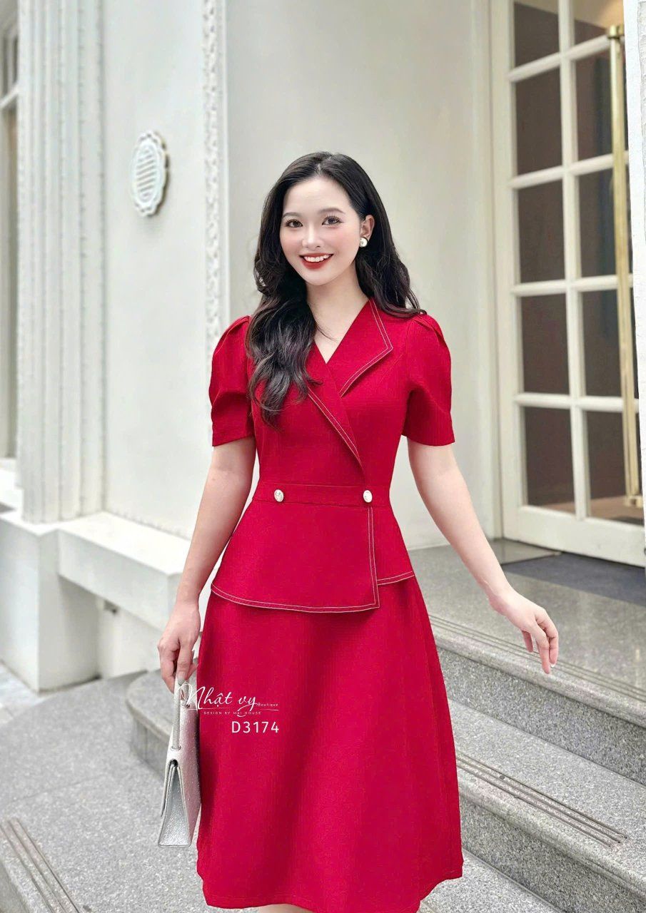 Đầm peplum viền chỉ đính nút kiểu form dáng xoè - D3174