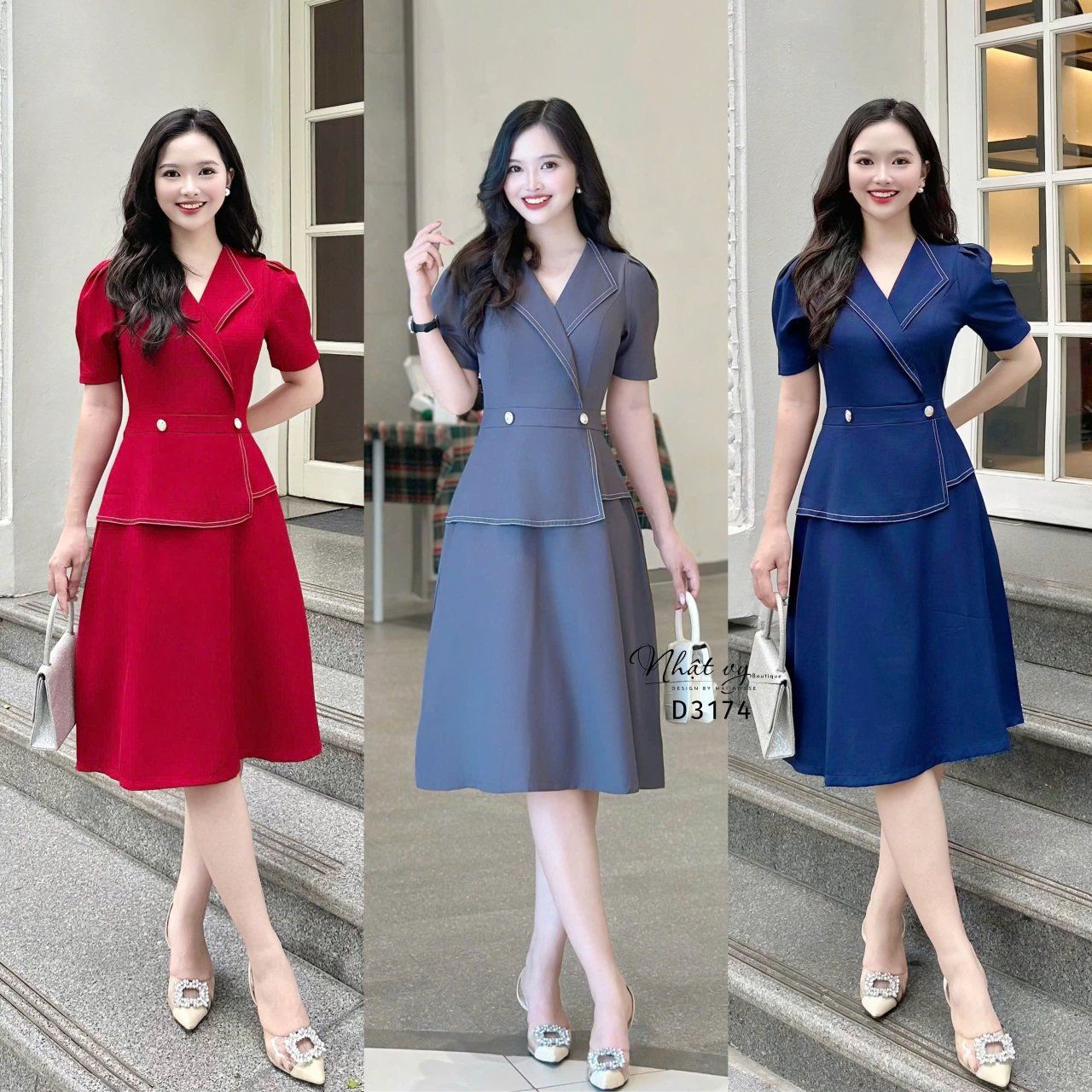 Đầm peplum viền chỉ đính nút kiểu form dáng xoè - D3174