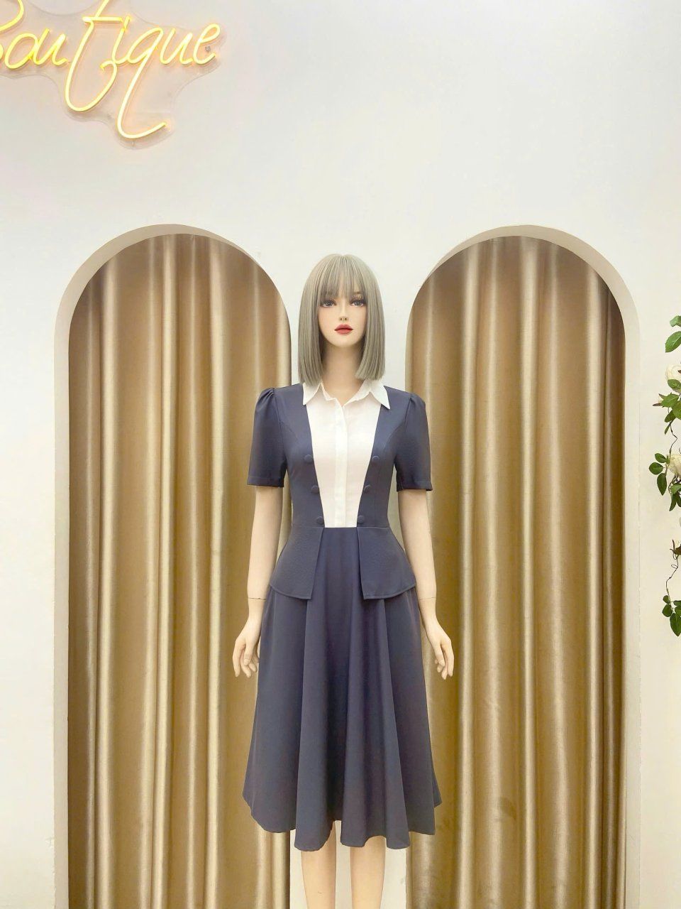 Đầm peplum phối cổ sơ mi giả form dáng xoè - D3177