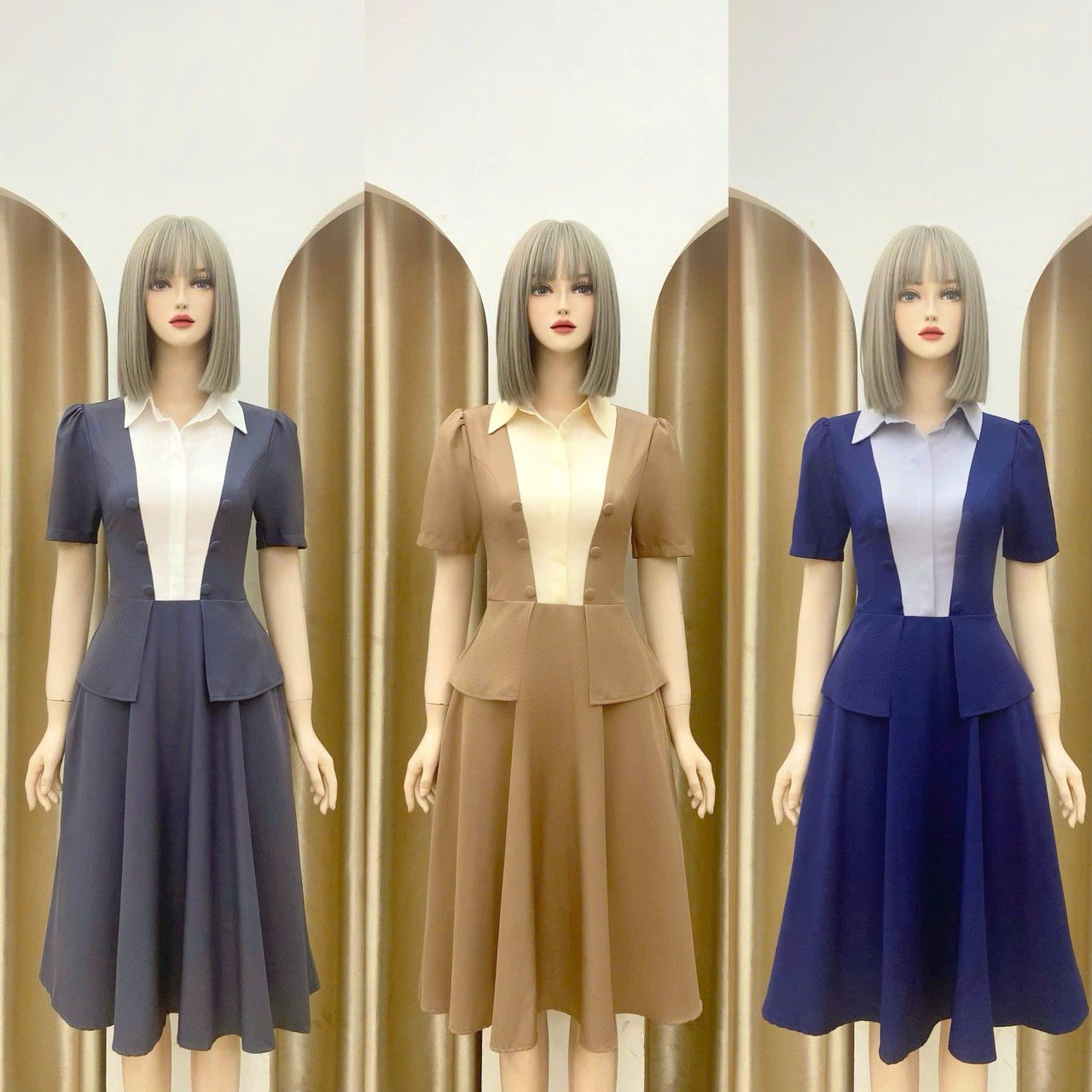 Đầm peplum phối cổ sơ mi giả form dáng xoè - D3177