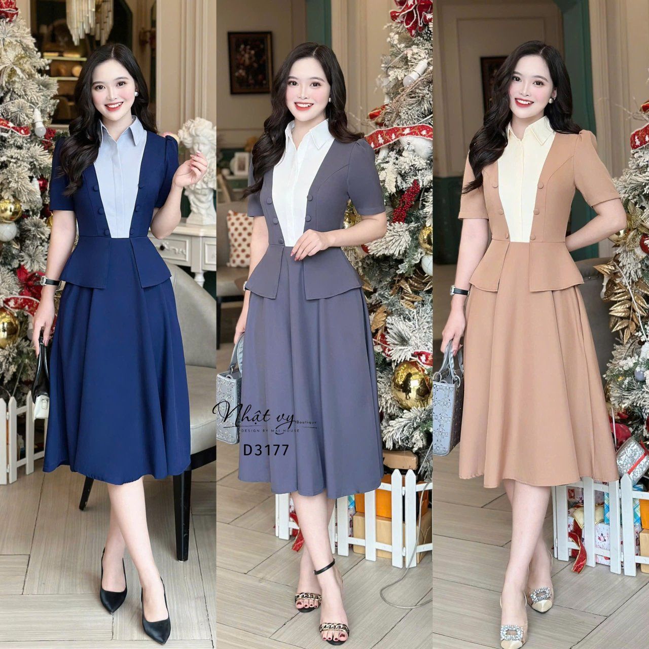 Đầm peplum phối cổ sơ mi giả form dáng xoè - D3177