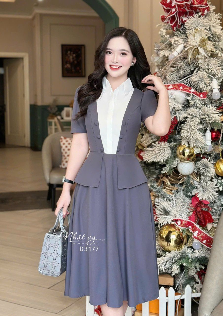 Đầm peplum phối cổ sơ mi giả form dáng xoè - D3177