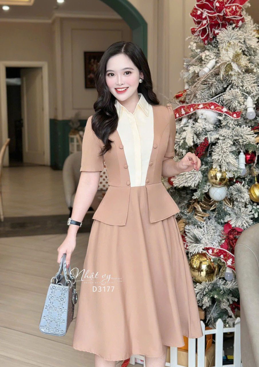 Đầm peplum phối cổ sơ mi giả form dáng xoè - D3177