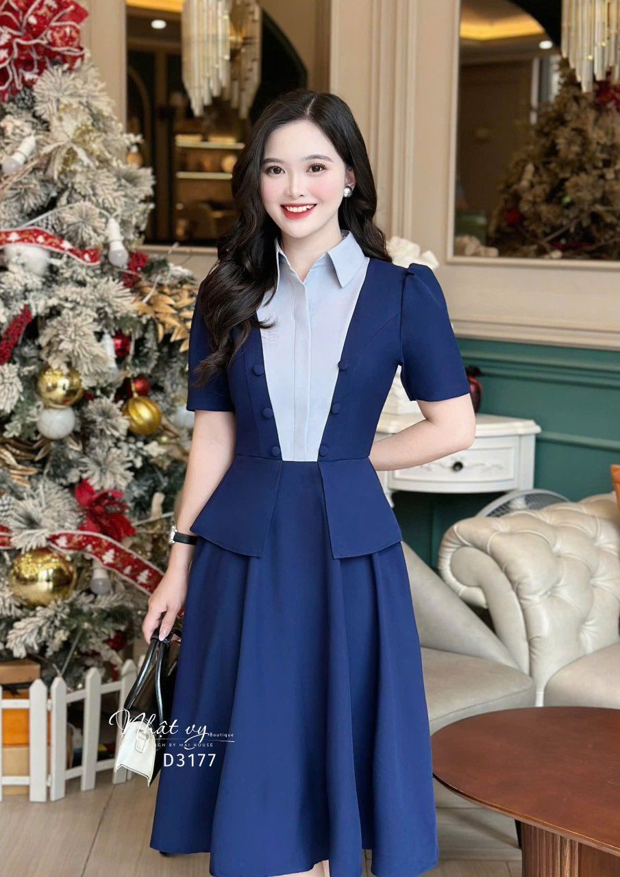 Đầm peplum phối cổ sơ mi giả form dáng xoè - D3177