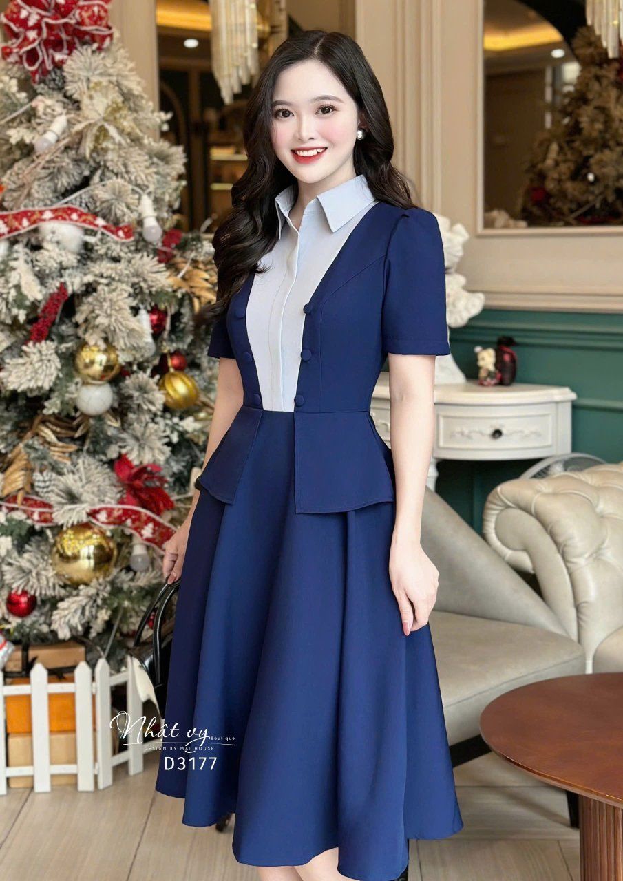Đầm peplum phối cổ sơ mi giả form dáng xoè - D3177