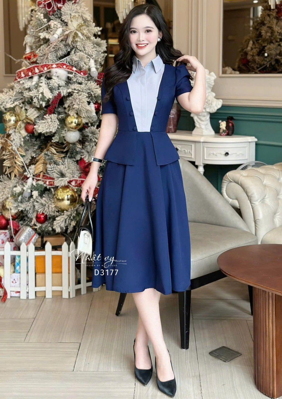 Đầm peplum phối cổ sơ mi giả form dáng xoè - D3177