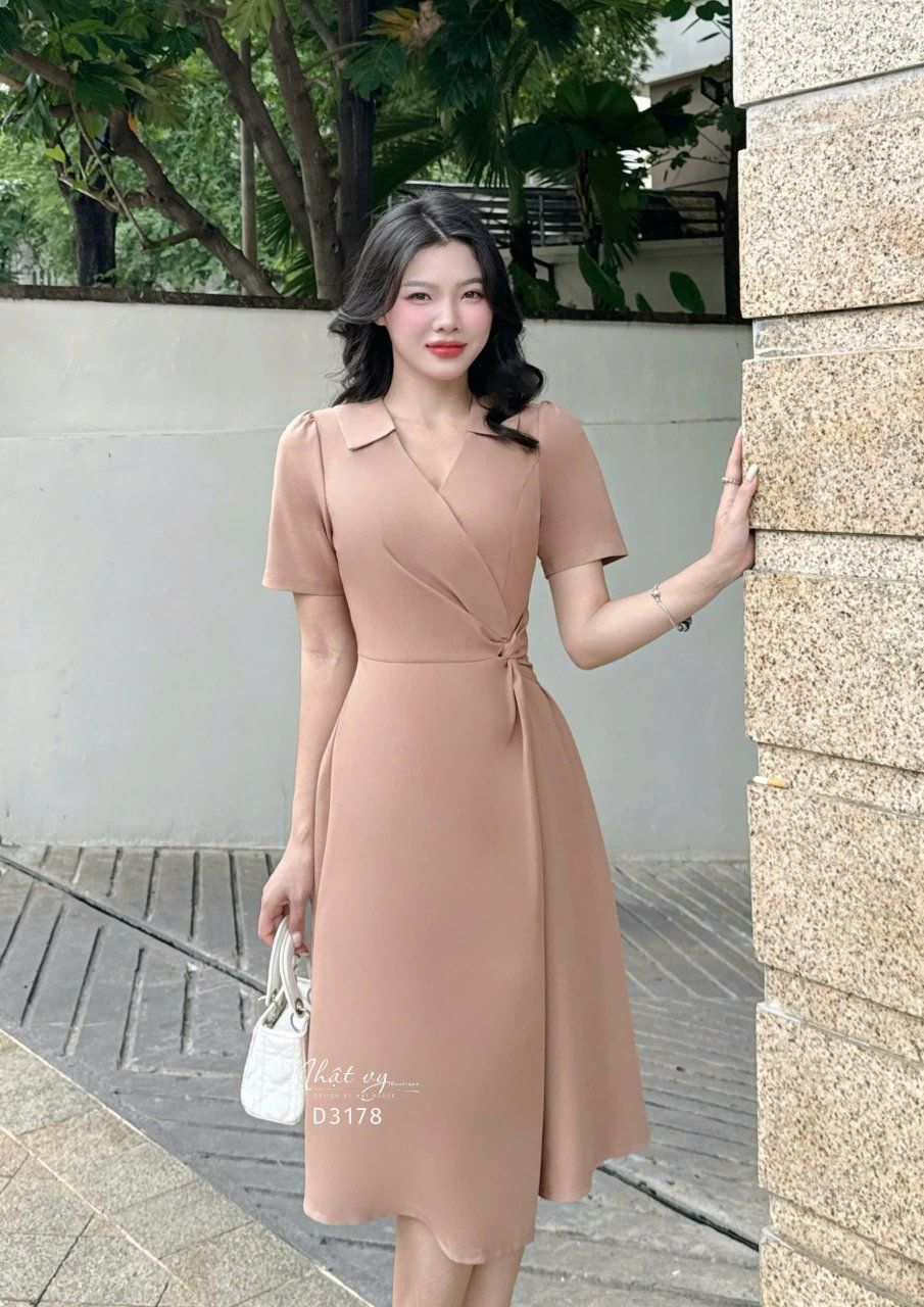 Đầm cổ V viền bèo xoắn eo cách điệu - D3178