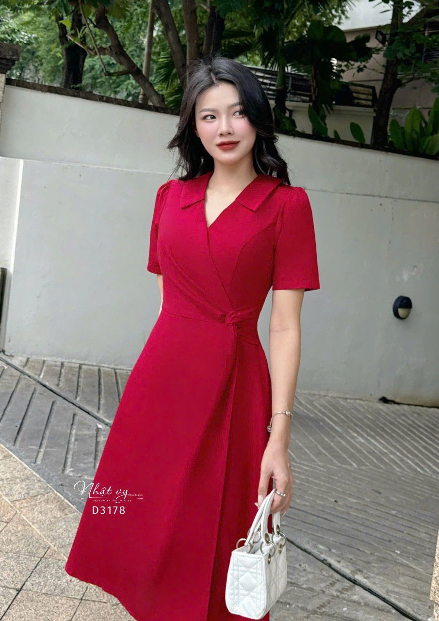 Đầm cổ V viền bèo xoắn eo cách điệu - D3178