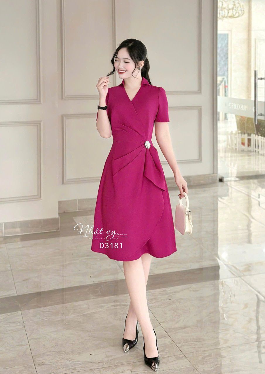 Đầm cổ V nhún eo cách điệu form dáng xoè - D3181
