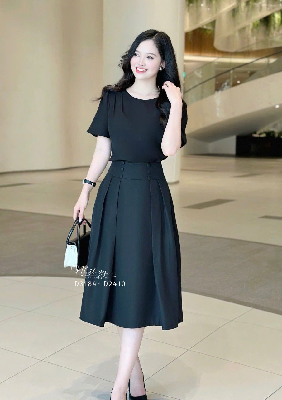 Chân váy xếp kiểu đính nút bọc form dáng xoè - D3184