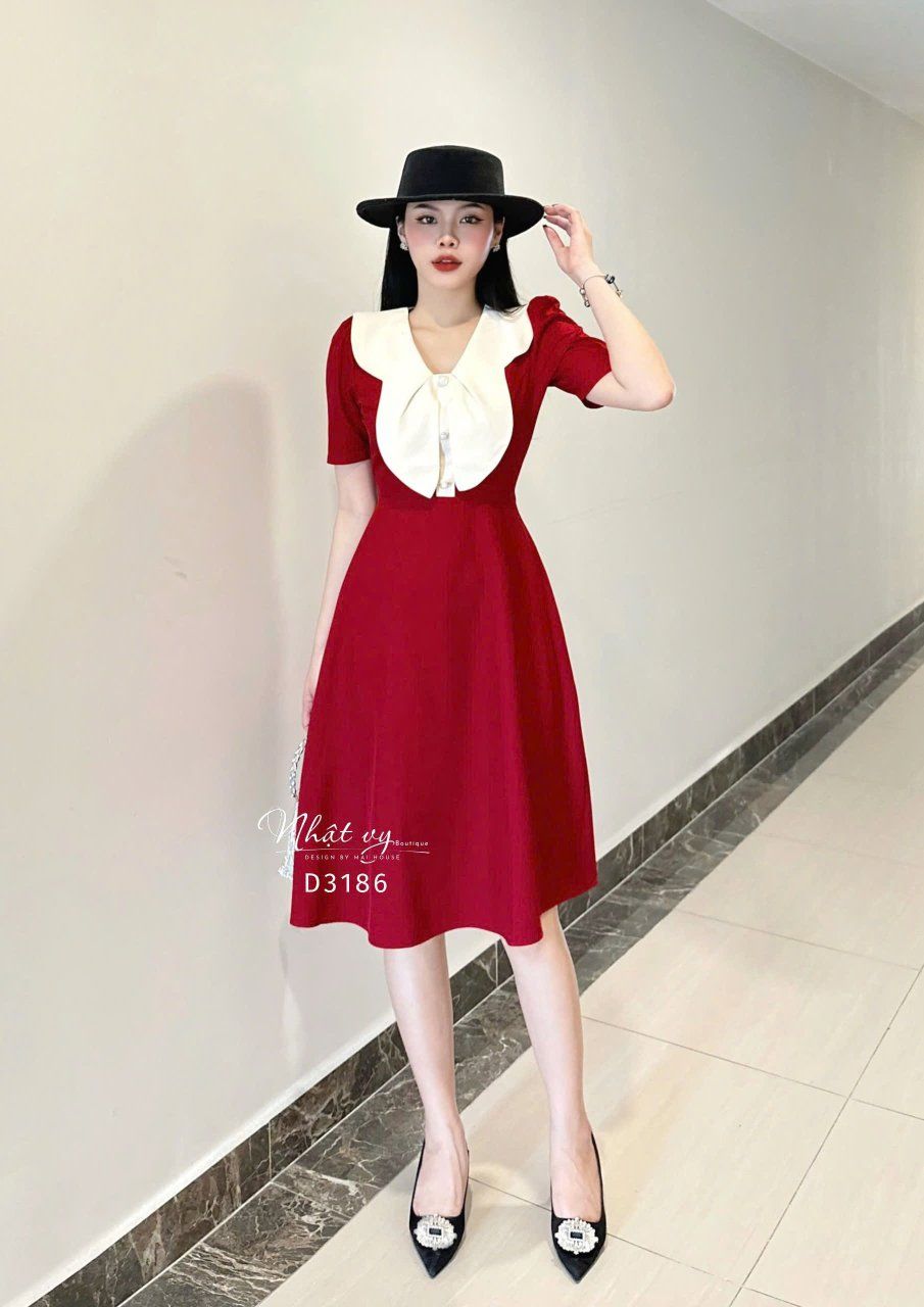 Đầm cổ tim phối bèo cánh bướm form dáng xoè - D3186