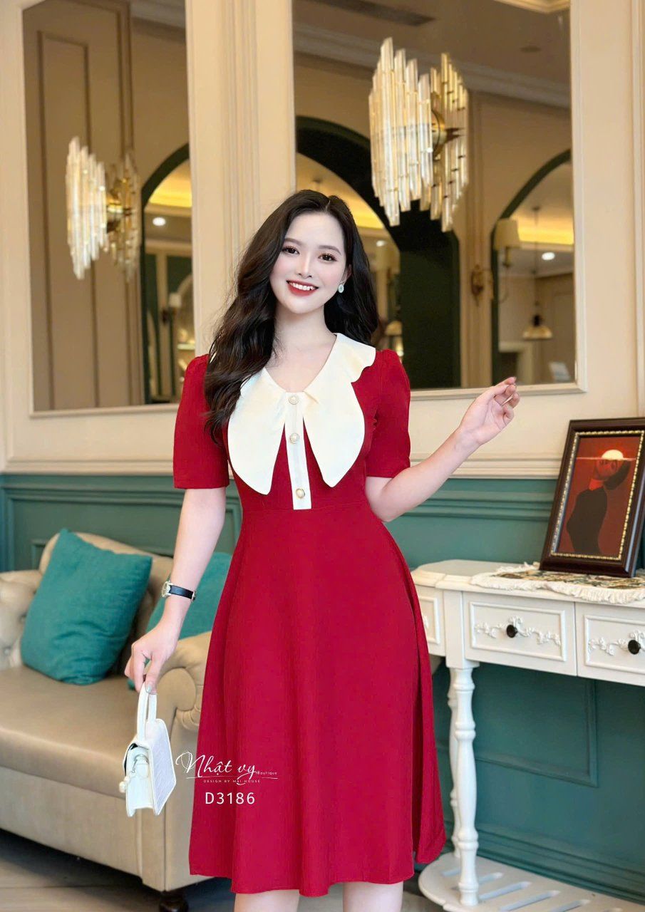 Đầm cổ tim phối bèo cánh bướm form dáng xoè - D3186