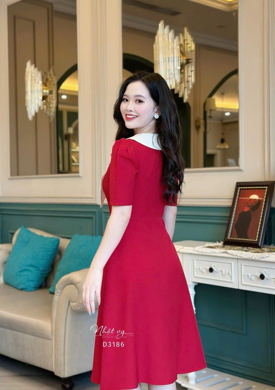 Đầm cổ tim phối bèo cánh bướm form dáng xoè - D3186