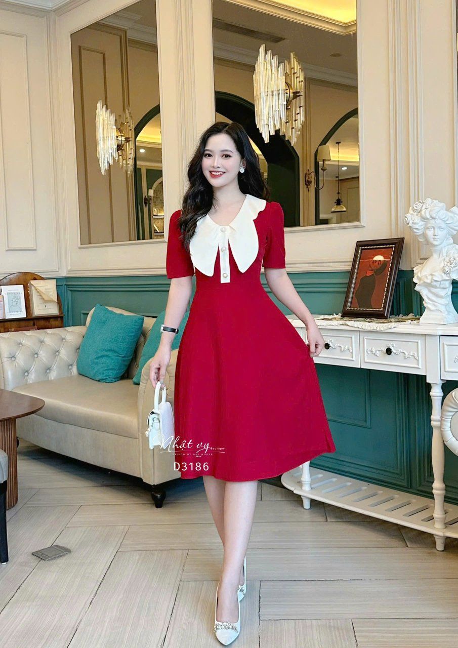 Đầm cổ tim phối bèo cánh bướm form dáng xoè - D3186