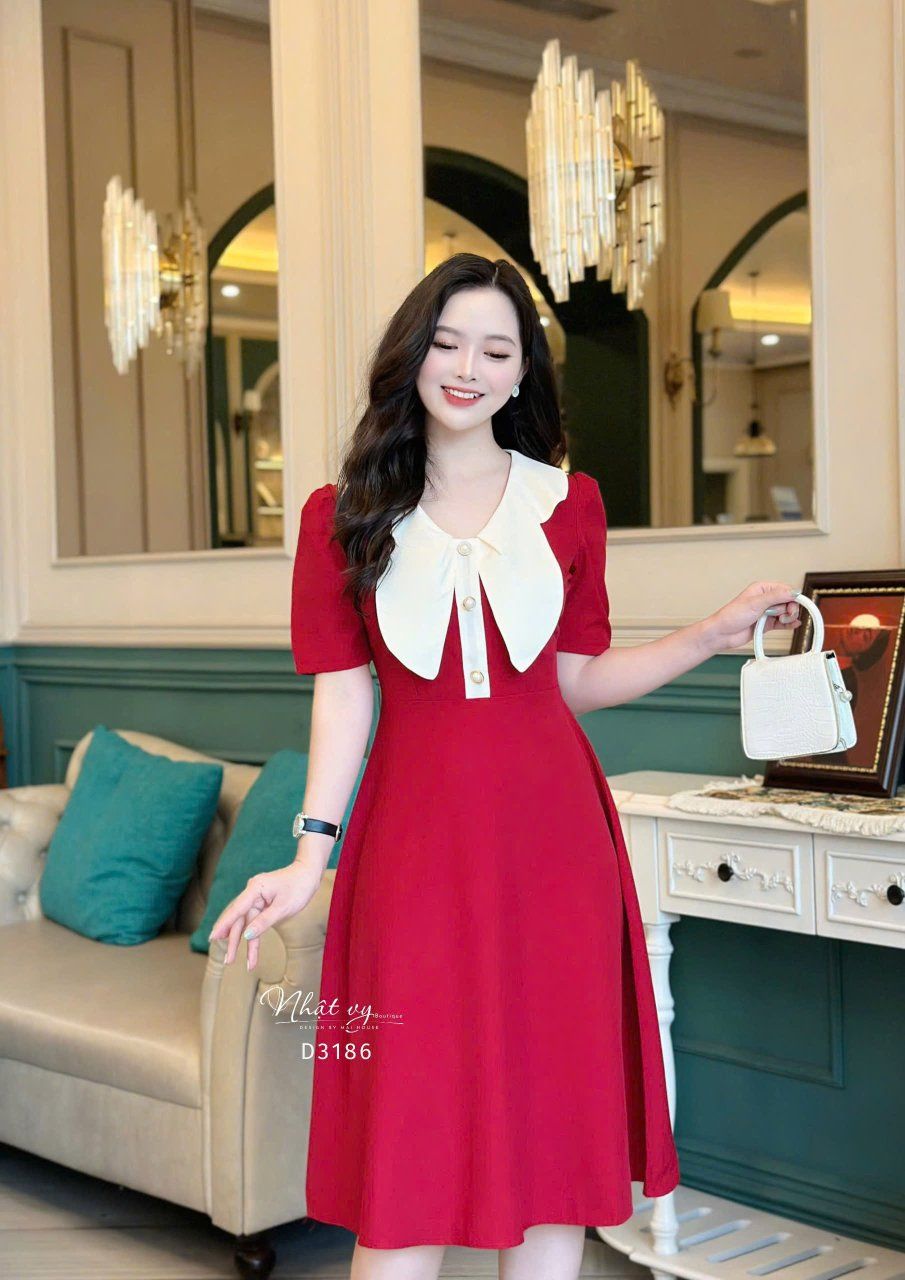 Đầm cổ tim phối bèo cánh bướm form dáng xoè - D3186