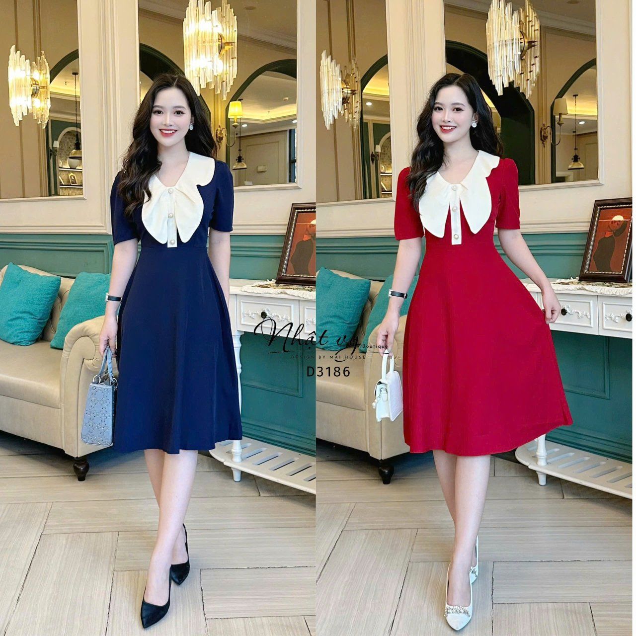 Đầm cổ tim phối bèo cánh bướm form dáng xoè - D3186
