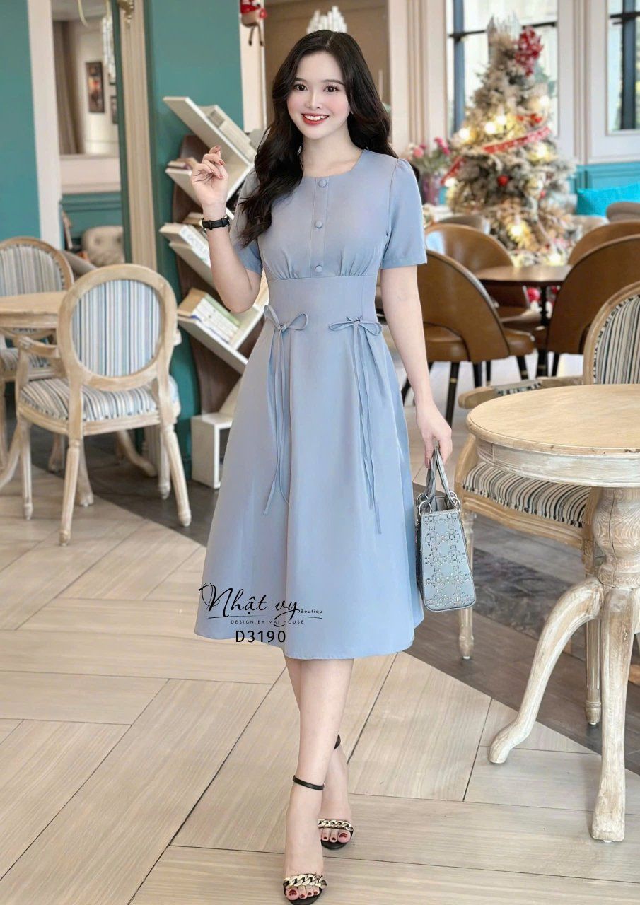 Đầm nhún ngực thắt nơ eo cách điệu - D3190