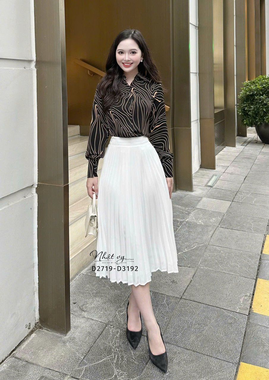 Áo sơ mi hoạ tiết tay dài form dáng suông - D3192