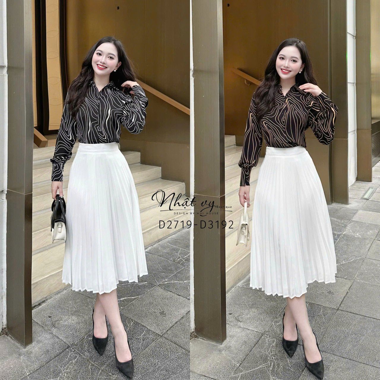 Áo sơ mi hoạ tiết tay dài form dáng suông - D3192