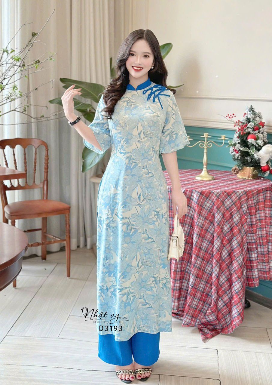Áo dài hoa cổ trụ form tay lỡ - D3193