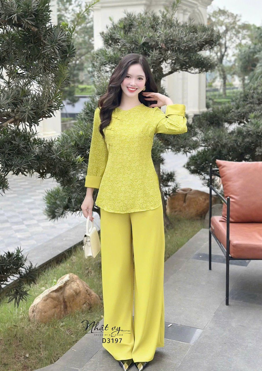 Set bộ bà ba tay dài cổ viền nút bọc - D3197