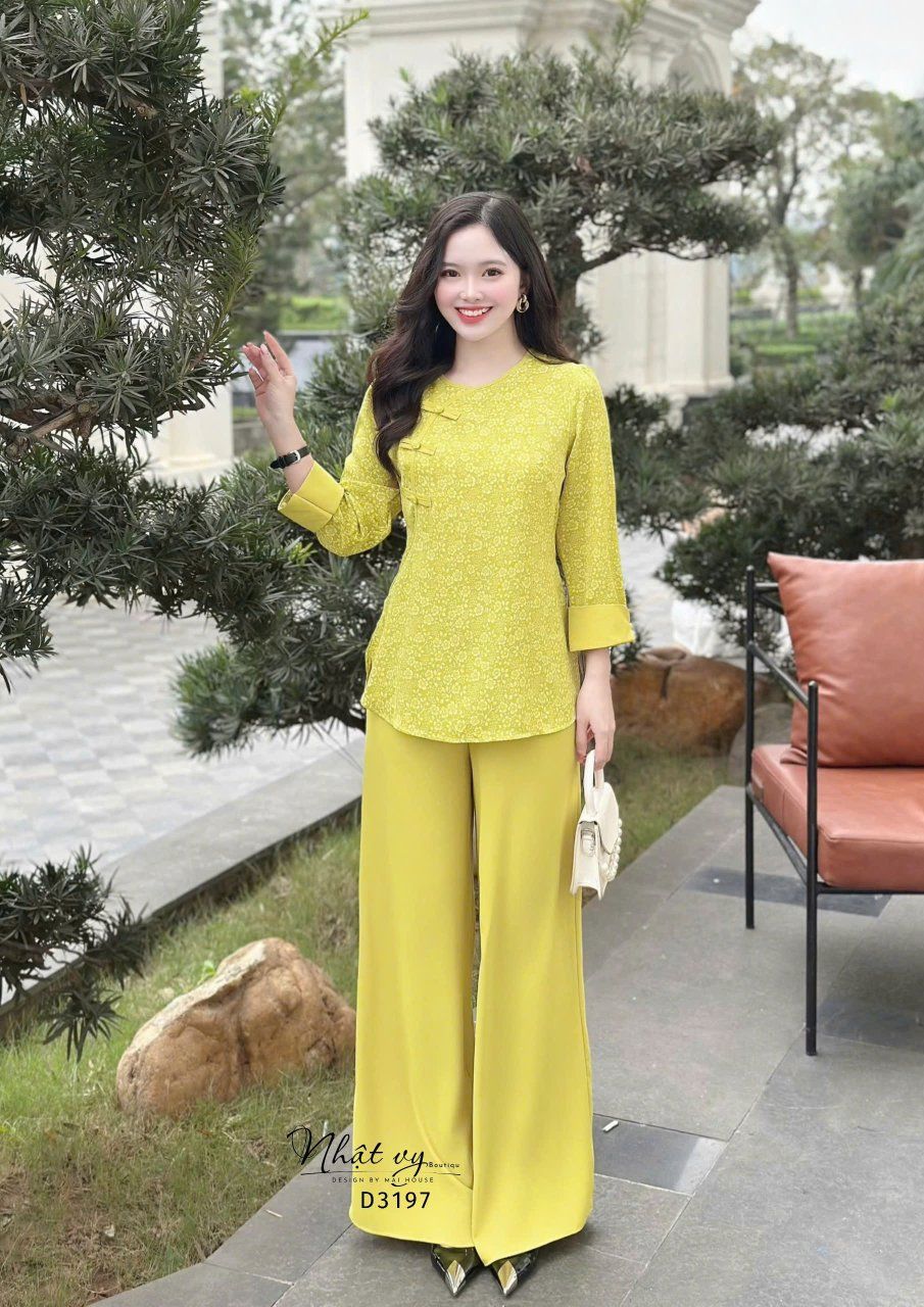 Set bộ bà ba tay dài cổ viền nút bọc - D3197