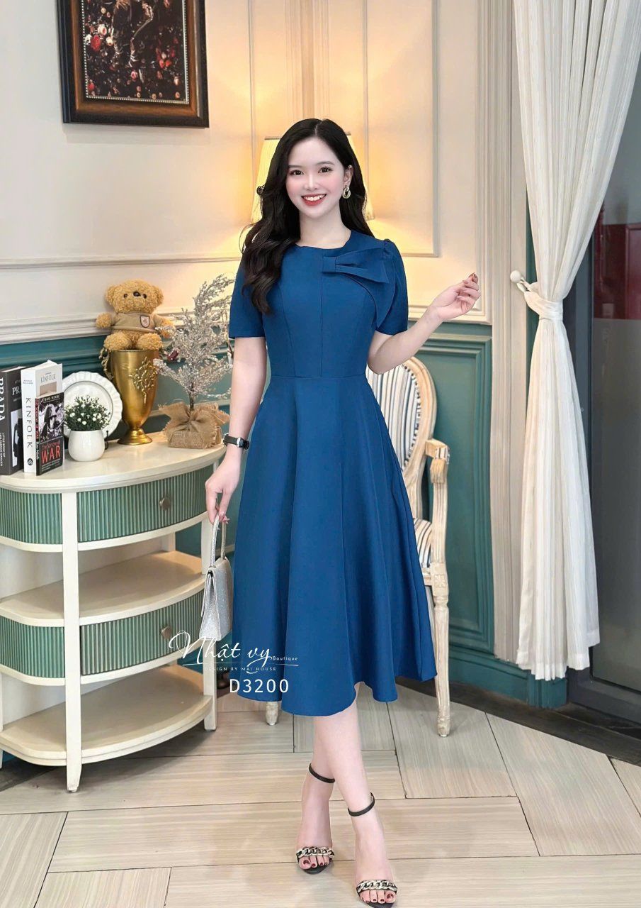 Đầm cổ tròn nơ 2 lớp cách điệu form dáng xoè - D3200