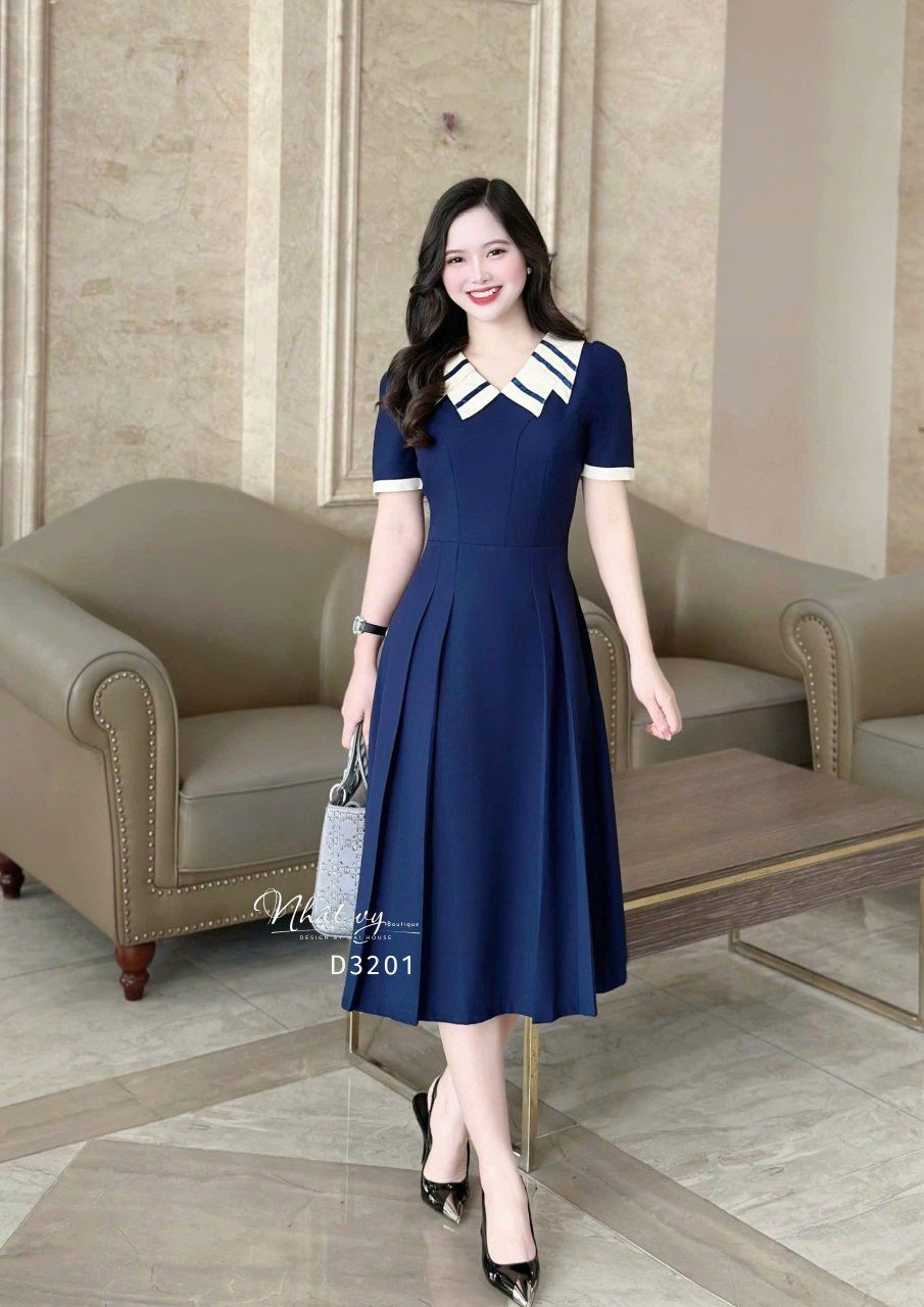 Đầm cổ bèo 2 lớp viền màu form dáng xoè - D3201