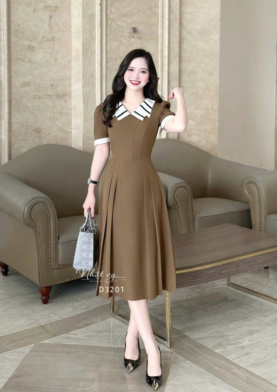 Đầm cổ bèo 2 lớp viền màu form dáng xoè - D3201