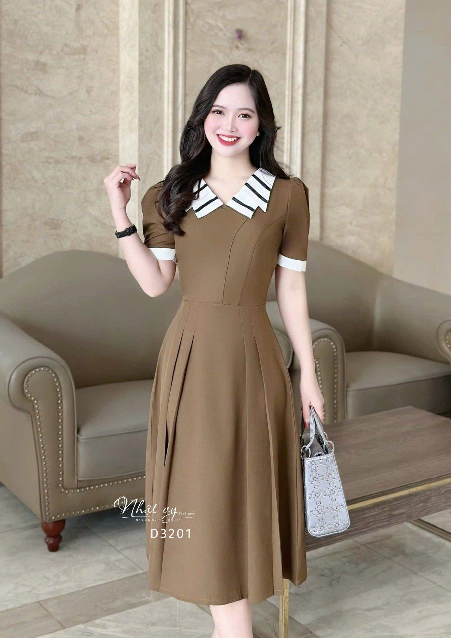 Đầm cổ bèo 2 lớp viền màu form dáng xoè - D3201