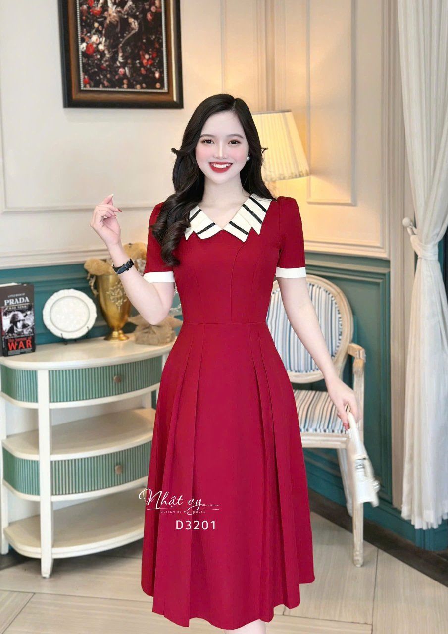 Đầm cổ bèo 2 lớp viền màu form dáng xoè - D3201