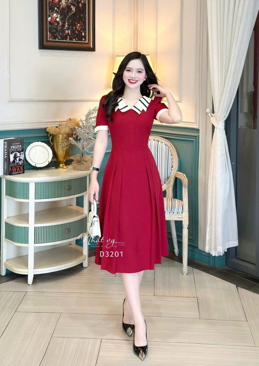 Đầm cổ bèo 2 lớp viền màu form dáng xoè - D3201