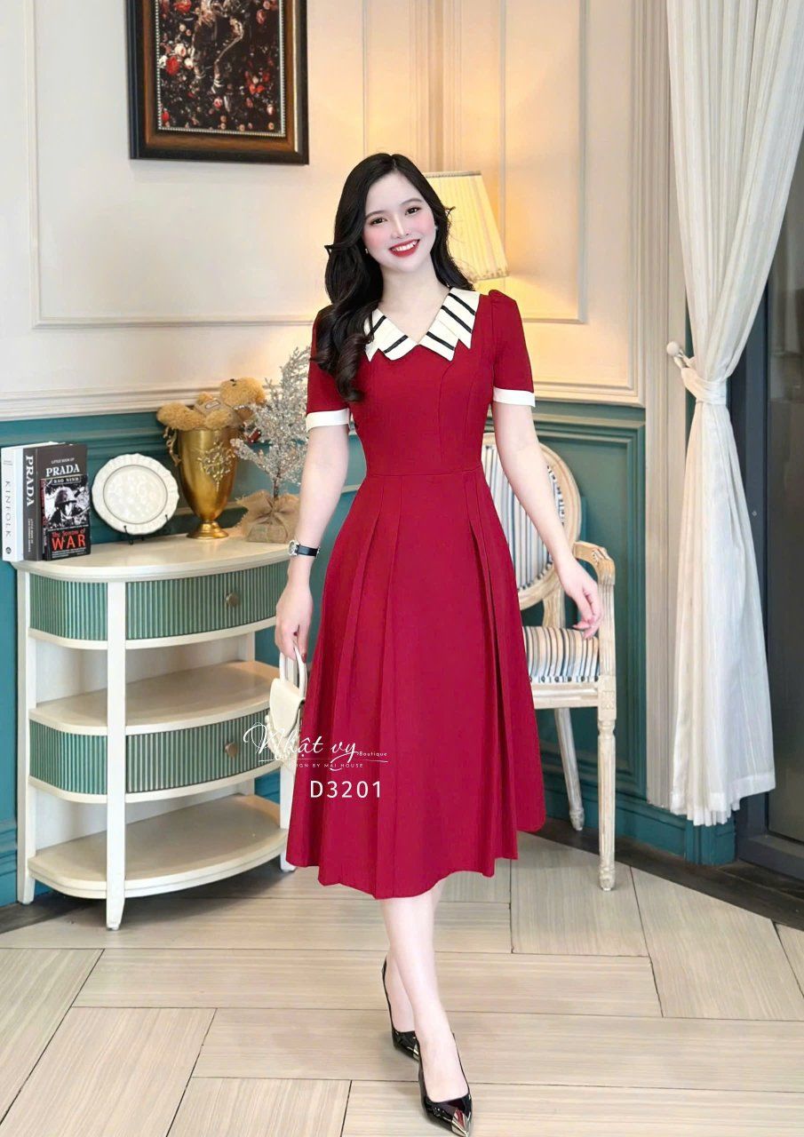 Đầm cổ bèo 2 lớp viền màu form dáng xoè - D3201