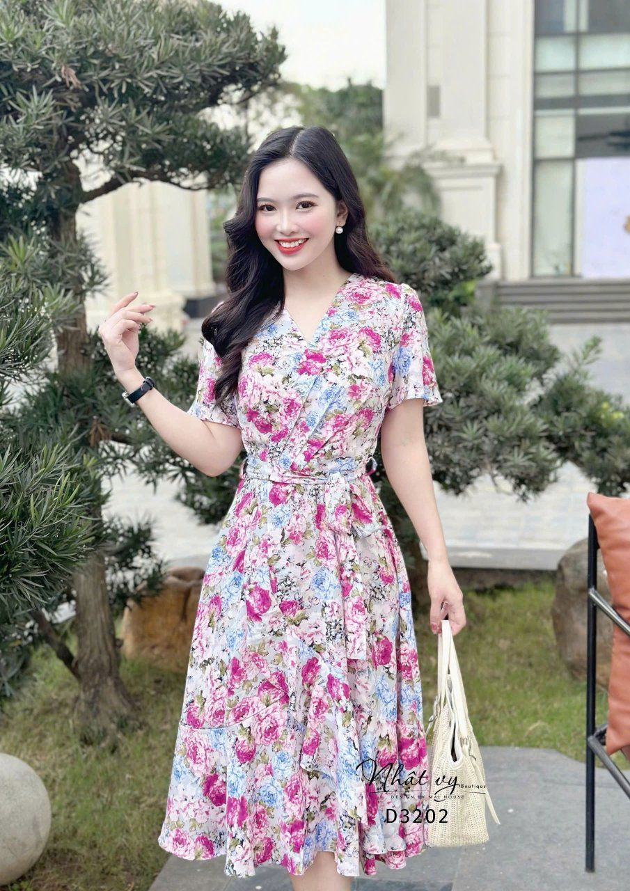 Đầm hoa cổ V tay cánh tiên dáng xoè - D3202