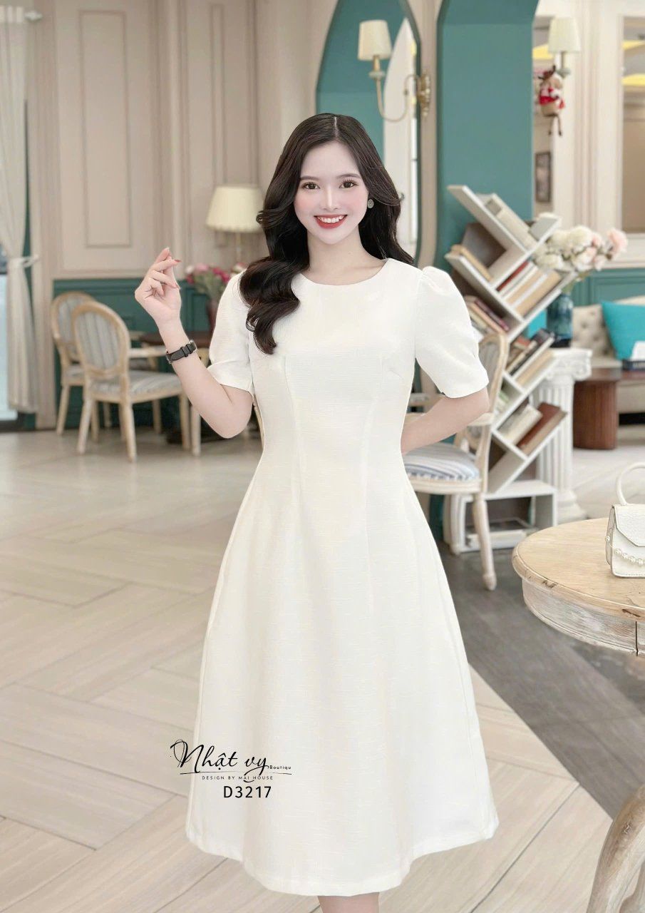 Đầm cổ tròn tay nhún kiểu form dáng xoè - D3217