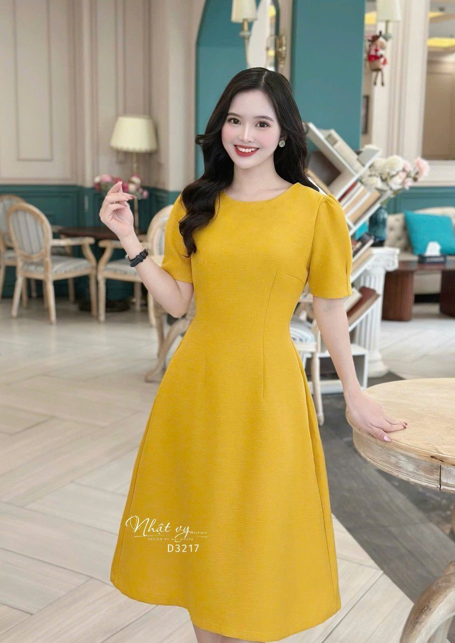 Đầm cổ tròn tay nhún kiểu form dáng xoè - D3217