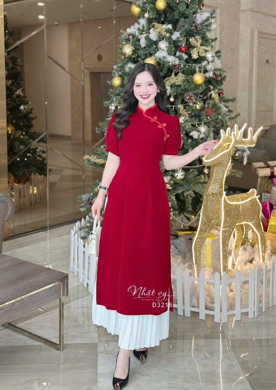 Áo dài nhung cổ tàu phối chân váy dập ly - D3218