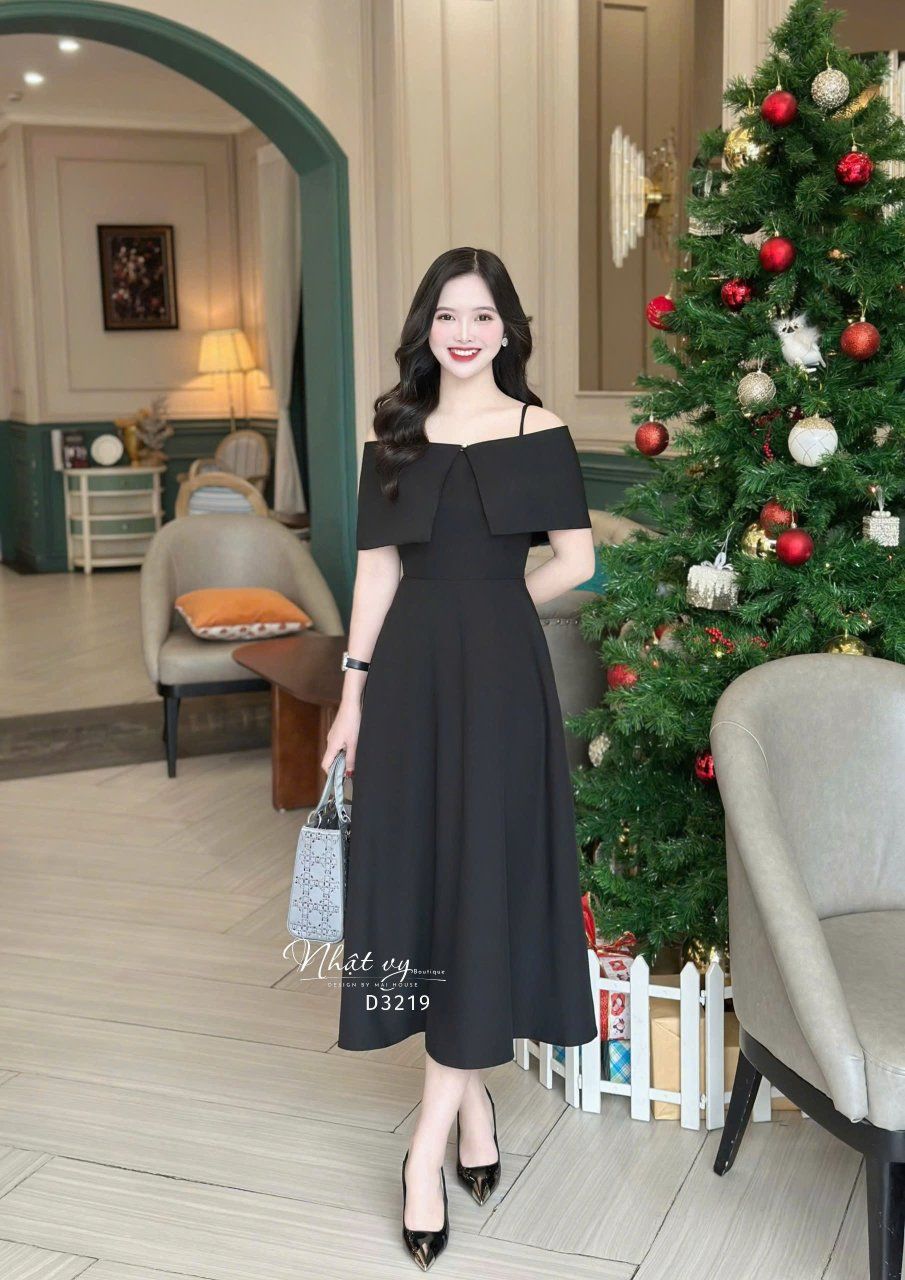 Set đầm 2 dây dáng xoè kèm áo khoác trễ vai - D3219