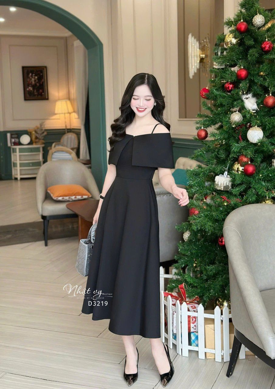 Set đầm 2 dây dáng xoè kèm áo khoác trễ vai - D3219