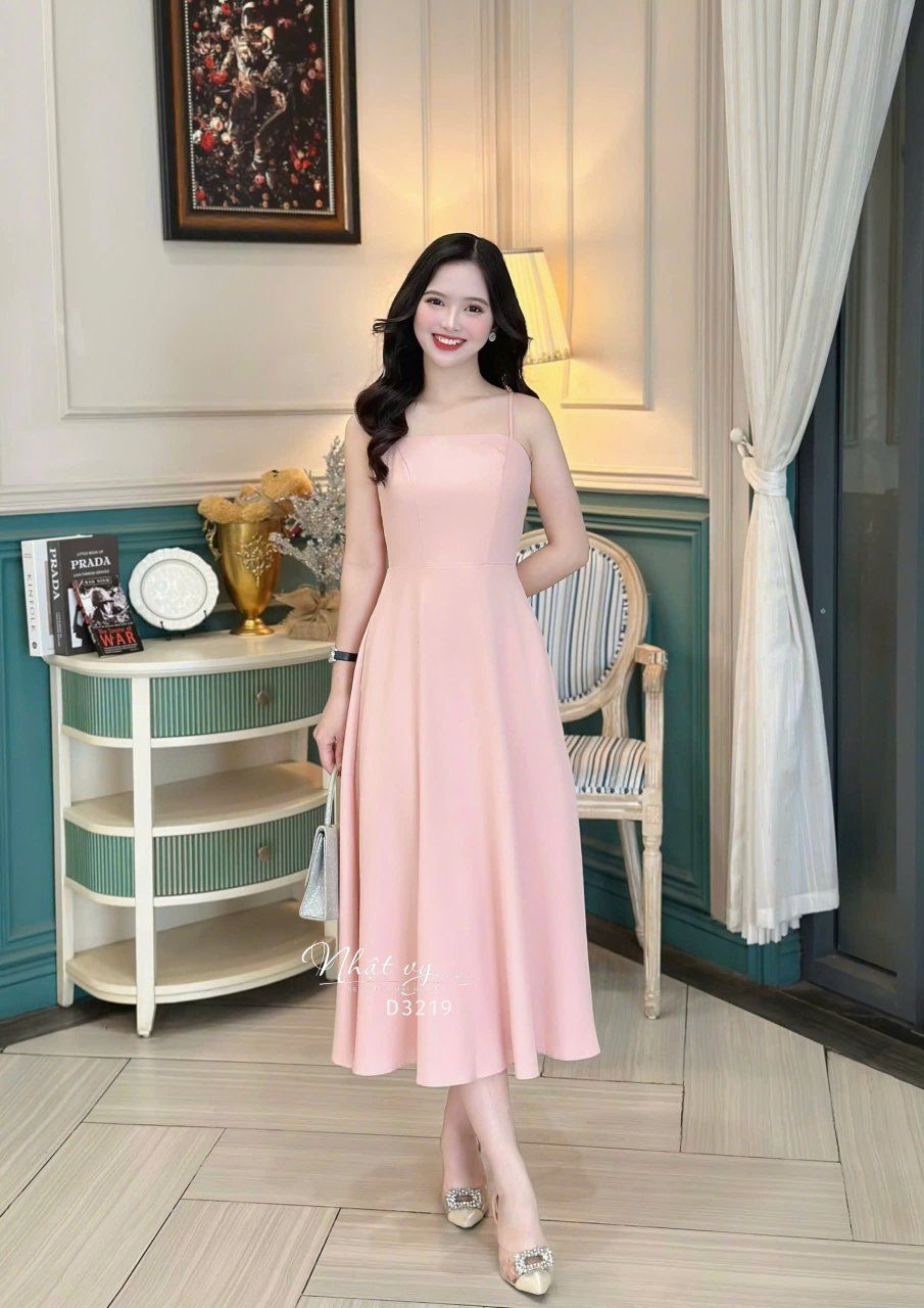 Set đầm 2 dây dáng xoè kèm áo khoác trễ vai - D3219