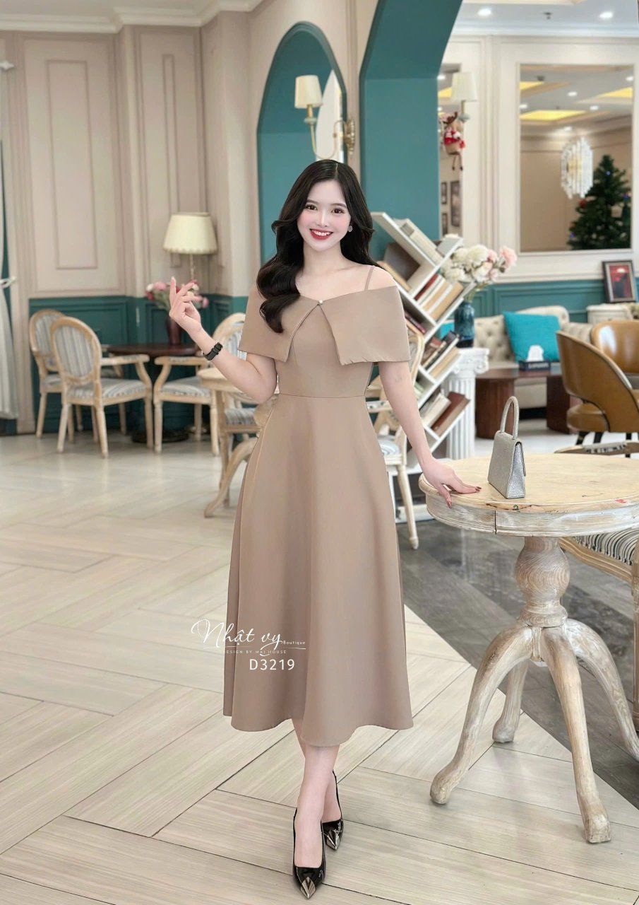 Set đầm 2 dây dáng xoè kèm áo khoác trễ vai - D3219